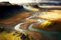 ious deserted valley with iceland aerial river and hills