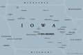 Iowa, IA, gray political map, US state, nicknamed The Hawkeye State Royalty Free Stock Photo