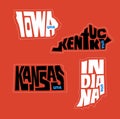 Iowa, Kentucky, Kansas, Indiana states names distorted into state outlines. Pop art style vector illustration for stickers.