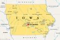 Iowa, IA, political map, US state, nicknamed The Hawkeye State Royalty Free Stock Photo
