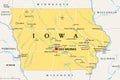 Iowa, IA, political map, US state, nicknamed The Hawkeye State