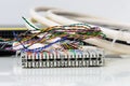 IP telephony system, Telephone cabling patch panel with twisted pairs cables for digital and analog phone connection Royalty Free Stock Photo