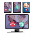 IP Telephony Vector. Desktop Pc Display Monitor Screen And Tablet. Incoming Voice Call. Web Internet Calling Application Royalty Free Stock Photo