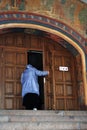 Ipatevsky monastery in Kostroma, Russia. Old church entrance doors. Royalty Free Stock Photo