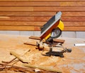 Ipe wood fence installation carpenter table saw Royalty Free Stock Photo