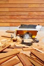 Ipe wood fence installation carpenter table saw Royalty Free Stock Photo