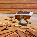 Ipe wood fence installation carpenter table saw Royalty Free Stock Photo