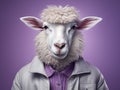 An iperealistic photo of a smiling sheep on a violet background closeup, dressed like a glamorous humanbeing