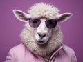 An iperealistic photo of a smiling sheep on a violet background closeup, dressed like a glamorous humanbeing