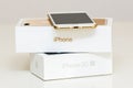 Iphone 3gs and iphone 7 unboxing cardboard box Royalty Free Stock Photo