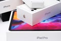 Iphone 11 and iPadPro with apple pencil boxes. March 2021, San Francisco, USA Royalty Free Stock Photo