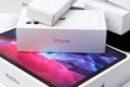 Iphone 11 and iPadPro with apple pencil boxes. March 2021, San Francisco, USA Royalty Free Stock Photo