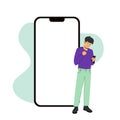 Iphone 14 pro screen template next to a joyful man. Vector modern