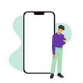 Iphone 14 pro screen template next to a sad man. Vector modern