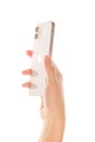 IPhone 12 White in female hand Royalty Free Stock Photo