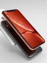 3 iPhone XR coral, silver and Space Grey smart phones