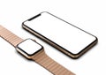 IPhone XS and Apple Watch rose gold with white screen for mockups