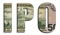 IPO Initial Public Offering Abbreviation Word 50 US Real Dollar Bill Banknote Money Texture on White Background