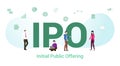 Ipo initial public offering concept with big word or text and team people with modern flat style - vector Royalty Free Stock Photo