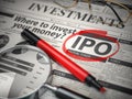 IPO Initial public offering concept. Where to Invest concept, Investments newspaper with loupe and marker Royalty Free Stock Photo