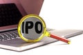 IPO word on magnifier on laptop , white background Royalty Free Stock Photo