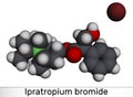 Ipratropium bromide molecule. It is bronchodilator, antispasmodic, anticholinergic drug. Molecular model. 3D rendering Royalty Free Stock Photo