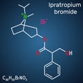 Ipratropium bromide molecule. It is bronchodilator, antispasmodic, anticholinergic drug. Structural chemical formula on the dark Royalty Free Stock Photo