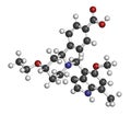 Iptacopan drug molecule. 3D rendering. Atoms are represented as spheres with conventional color coding: hydrogen white, carbon