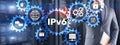 IPv6. Businessman pressing touch screen interface and select icon Internet Protocol