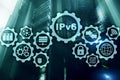 IPv6 Internet Protocol on server room background. Business Technology Internet and network concept.