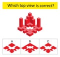 IQ training test. Puzzle game. Which top view is correct? IQ training test. Vector.