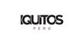 Iquitos in the Peru emblem. The design features a geometric style, vector illustration with bold typography in a modern font. The