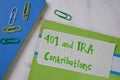 401 and IRA Contributions text on sticky notes isolated on office desk