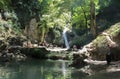 Sari, Iran - 18 July 2017: Waterfall at north of Iran, with iranian taking a swim with clothes and preparing barbacoe and iranian Royalty Free Stock Photo