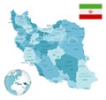 Iran administrative blue-green map with country flag and location on a globe