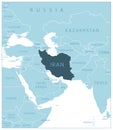 Iran - blue map with neighboring countries and names