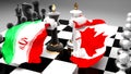 Iran Canada - meeting, debate and dialog between those two countries shown as two chess kings with national flags that symbolize