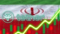 Iran Flag with Neon Light Effect Tether Coin Logo Radial Blur Effect Fabric Texture 3D Illustration