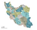 Iran higt detailed map with subdivisions. Administrative map of Iran with districts and cities name, colored by states and