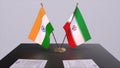 Iran and India national flags. Partnership deal 3D illustration, politics and business agreement cooperation