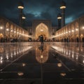 iran madrassa with fountain reflection at night