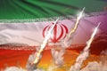 Iran nuclear missile launch - modern strategic nuclear rocket weapons concept on sunset background, military industrial 3D