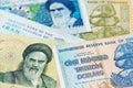 Iran Rial and Zimbabwe hyperinflation Dollar banknotes.