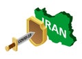 Iran`s defense against coronavirus covid-19. A coronavirus in the form of a sword attacks the country of Iran, protected by a