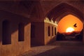 Iran. Yazd. Towers of silence. Sunset and bird on the background of traditional architecture.