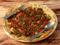 Irani Masala Egg Omelet, made with Chicken meat, fresh vegetables tomato,onion, hot chili pepper, parsley.. served in rustic Royalty Free Stock Photo