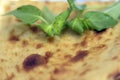 Iranian breakfast at the office with Sangak breadflat bread and Basil Royalty Free Stock Photo