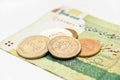 Iranian currency. Banknote and coins, rials