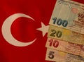 Turkish currency banknotes and the national flag as the background Royalty Free Stock Photo