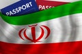 Iranian flag background and passport of Iran. Citizenship, official legal immigration, visa, business and travel concept